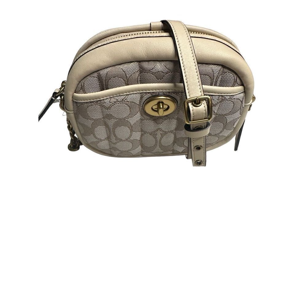 Coach Signature Chain Leather Jacquard Quilt Print Crossbody Bag Stone Ivory